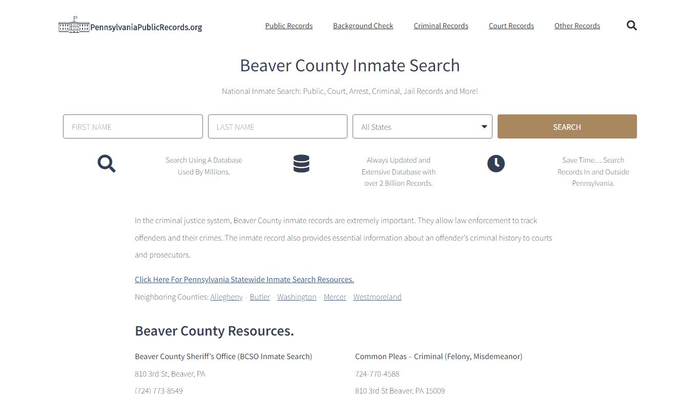 Beaver County Inmate Search - BCSO Current & Past Jail Records